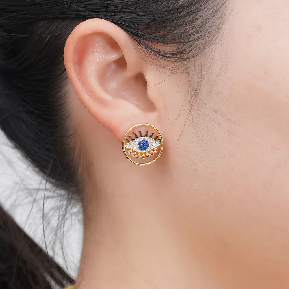 S925 Sterling Silver Devil Eye Stud Earrings for Women Delicate Gem Blue Zirconia Black Spinel Ear Studs Punk Vintage Jewelry