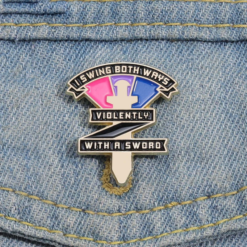 

Bisexual Rainbow Enamel Pins Custom Swing Both Ways Violently With A Sword Pride Brooches Lapel Badges Jewelry Gift for Friends