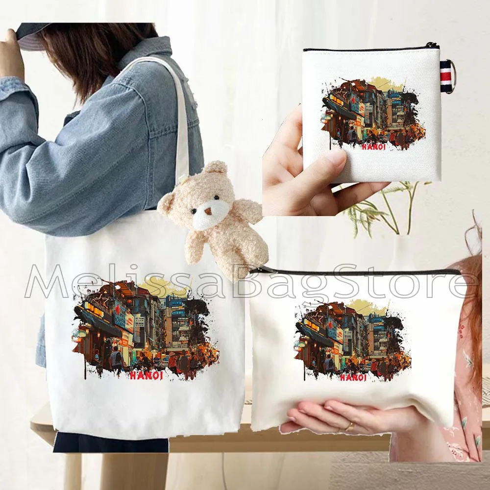 4PCS Gifts Set Hanoi Vietnam White Canvas Tote Bag Handbag with Doll Key Coin Purse Cosmetic Makeup Toilet Bag Case Pouch