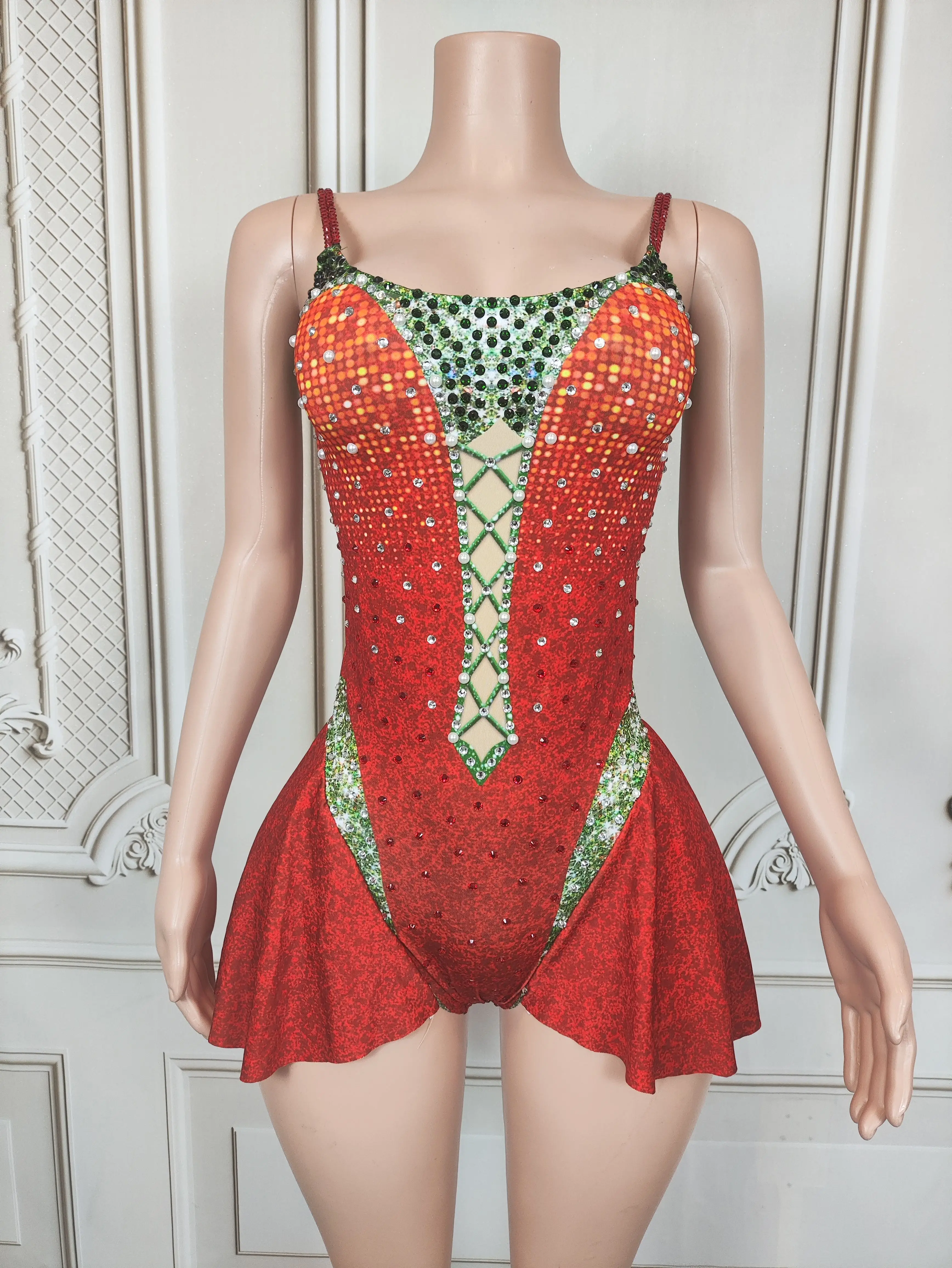 LiheWomens Luxury Red Green Rhinestone Figure Skating Dress Spaghetti Strap Bodysuit Ice Skating Competition Performance Costume