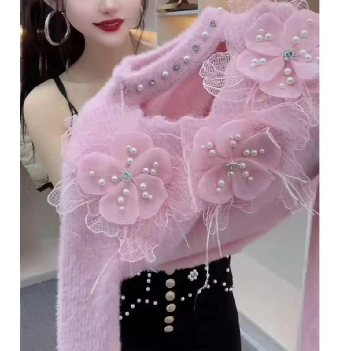 

New In Pearls Beads Wers Autumn Winter Slim Fit Knitted Pullover For Women Long Sleeve Sweet Chic Sweater