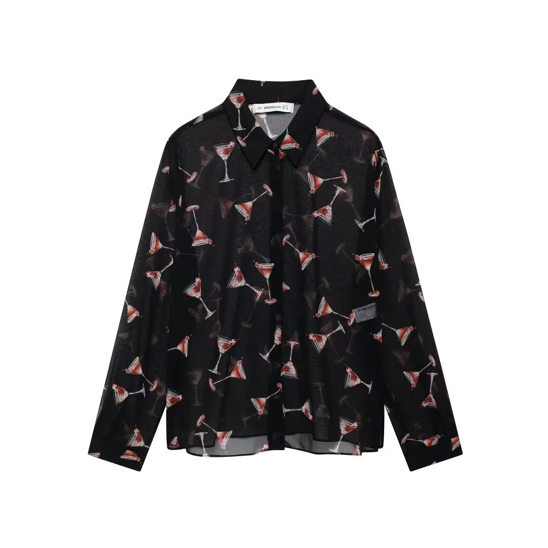 

Новая модная Свободная Женская рубашка с принтом, повседневная Полупрозрачная рубашка с отложным воротником, женская рубашка в стиле ретро с длинными рукавами и пуговицами, шикарный топ