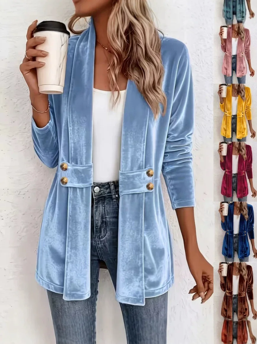 New Autumn Fashion Casual Long Sleeve Turn-down Collar Solid Color Loose Fit Double Breasted Velvet Lazy Style Versatile Jacket