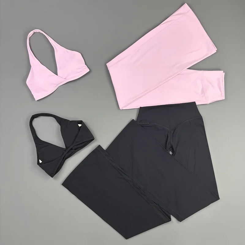 2-teiliges Origin Flares Hosen-Set: Neckholder-Sport-BH mit V-Ausschnitt, hochelastische, atmungsaktive Yoga-Schlaghose, Fitness-, Lauf- und Trainings-Set – Detail 5