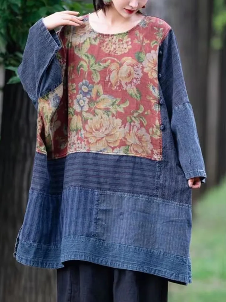 Amax LuluE Gaun Denim Tiongkok Tambal Sulam Cetak Musim Gugur Wanita Pakaian Klasik Longgar Santai Ukuran Besar Vintage Mode