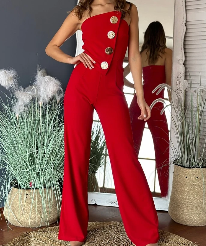 

Womens Jumpsuits Daily Clothing Fashion Asymmetrical Bandeau Strapless Jumpsuit Metal Button Decor Plain Women's Casual Overalls