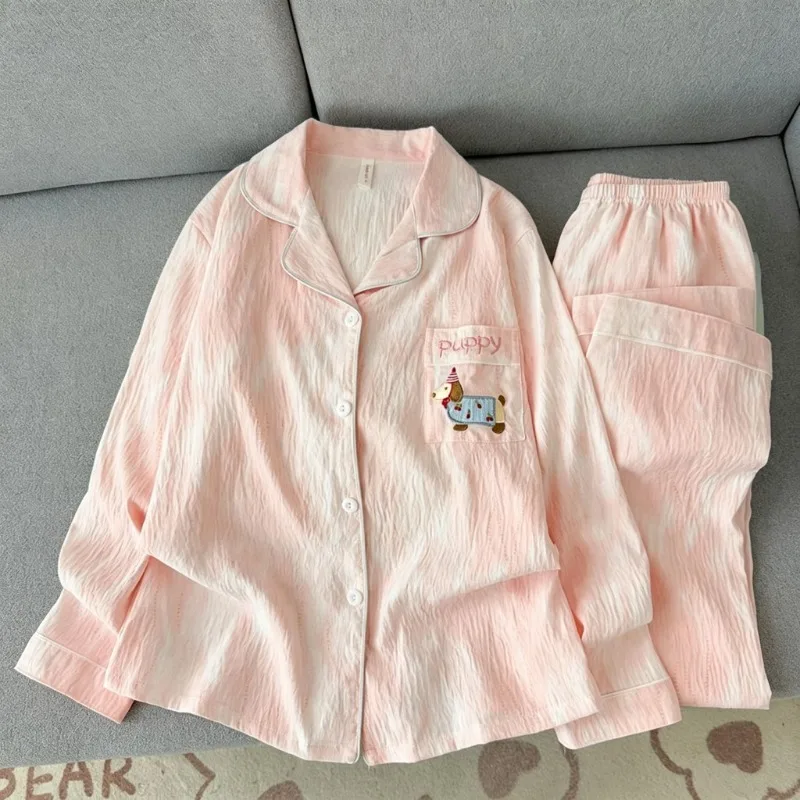 Cute Puppy Embroidery Tie‑Dye Pajama Set Women Spring Autumn Lapel Button‑Up Long Sleeve Pants Soft Home Sleepwear Loungewear
