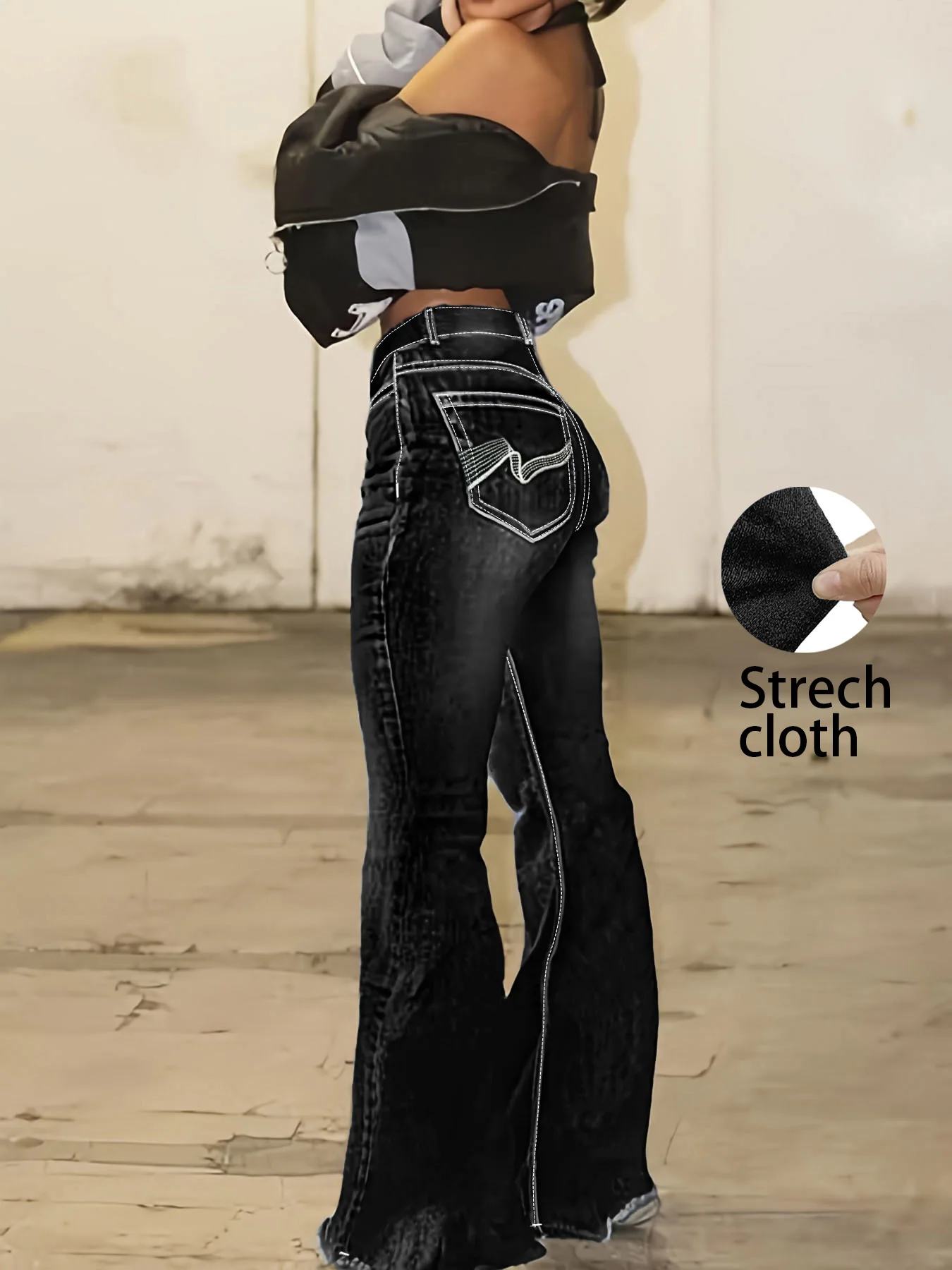 بالإضافة إلى حجم المرأة المطرزة جيب متوهج الجينز عالية الخصر سليم صالح السراويل تصميم شريط أسود عصري