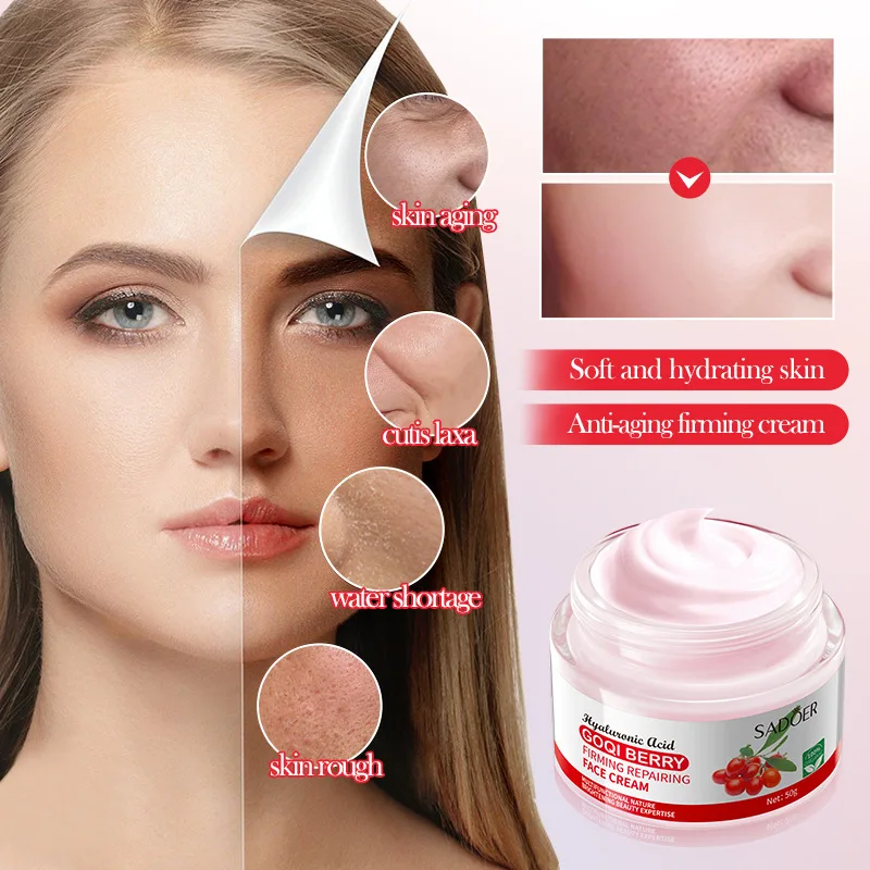 Creme facial anti-rugas e firmador com extrato de Goji Berry, que suaviza rugas, hidrata, clareia e remove rugas.