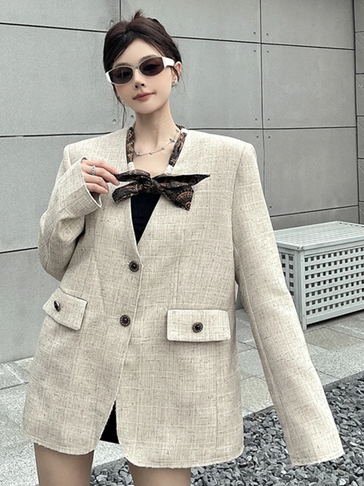 YERMORA Women's Apricot Ribbon Pocket Vintage Blazer V-Neck Long Sleeve Loose New Jacket Fashion Tide Spring Autumn 2025