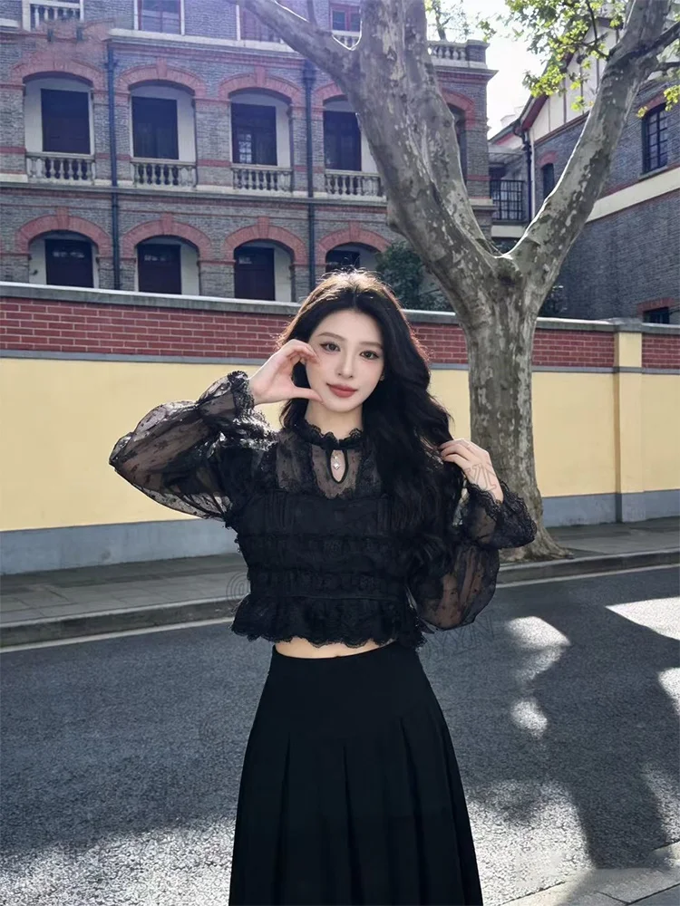 

Женская блузка с кружевными вставками и воротником-стойкой, длинный рукав, весна-лето, черная, премиум-класса, с эффектом полупрозрачности, индивидуальный дизайн