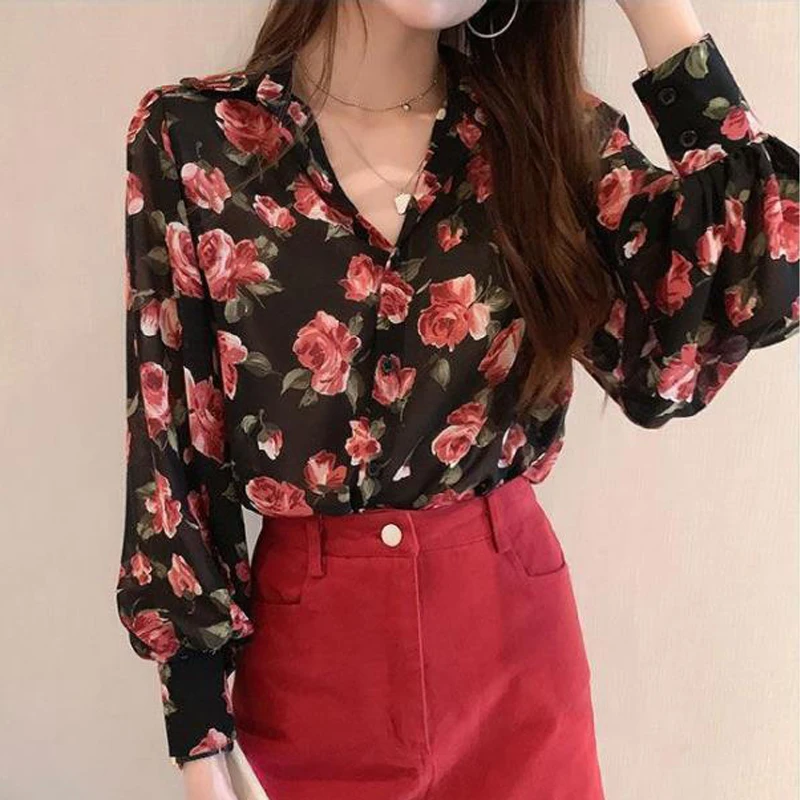 Womens Trendy Vintage Floral Print Button Up Shirt Spring Autumn Korean Elegant Chic Blouse Long Sleeve Loose Tops Casual Blusas