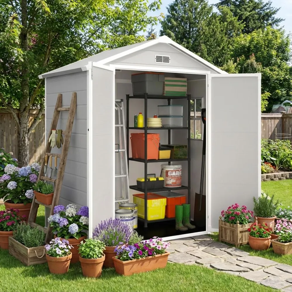 6×4ft Outdoor Storage Shed with Floor, Waterproof & UV-Resistant Resin Garden Shed for Backyard with Lockable, Customized