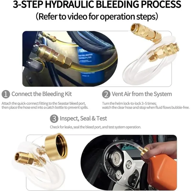 A89E-For Board Compatible Hydraulic Steering Bleed Kit For Seastar Systems, Quick-Connect Leak-Proof Brass Fitting, Steering Dra