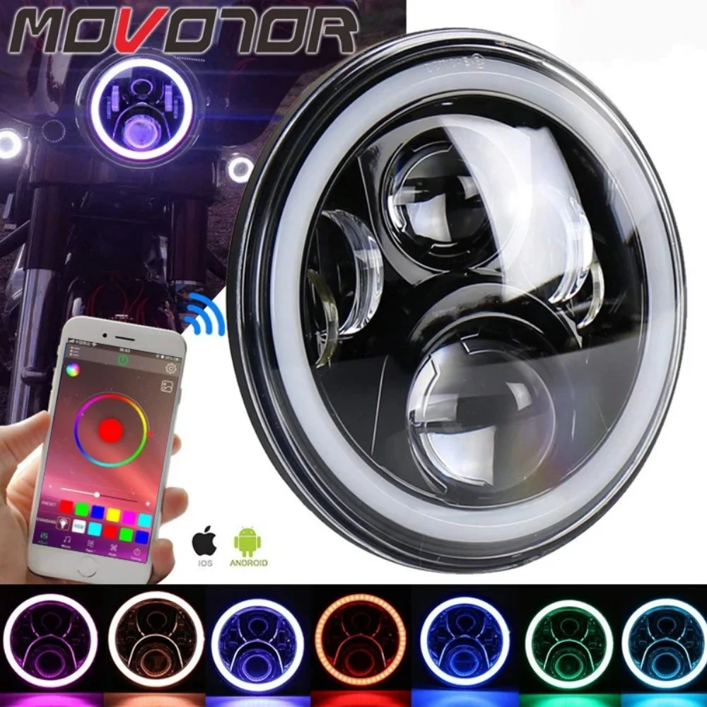 

MOVOTOR 7 Inch Motorcycle Headlight Blue Tooth Remote Round RGB LED Headlamp for Touring Street Glide V Star 650 Classic