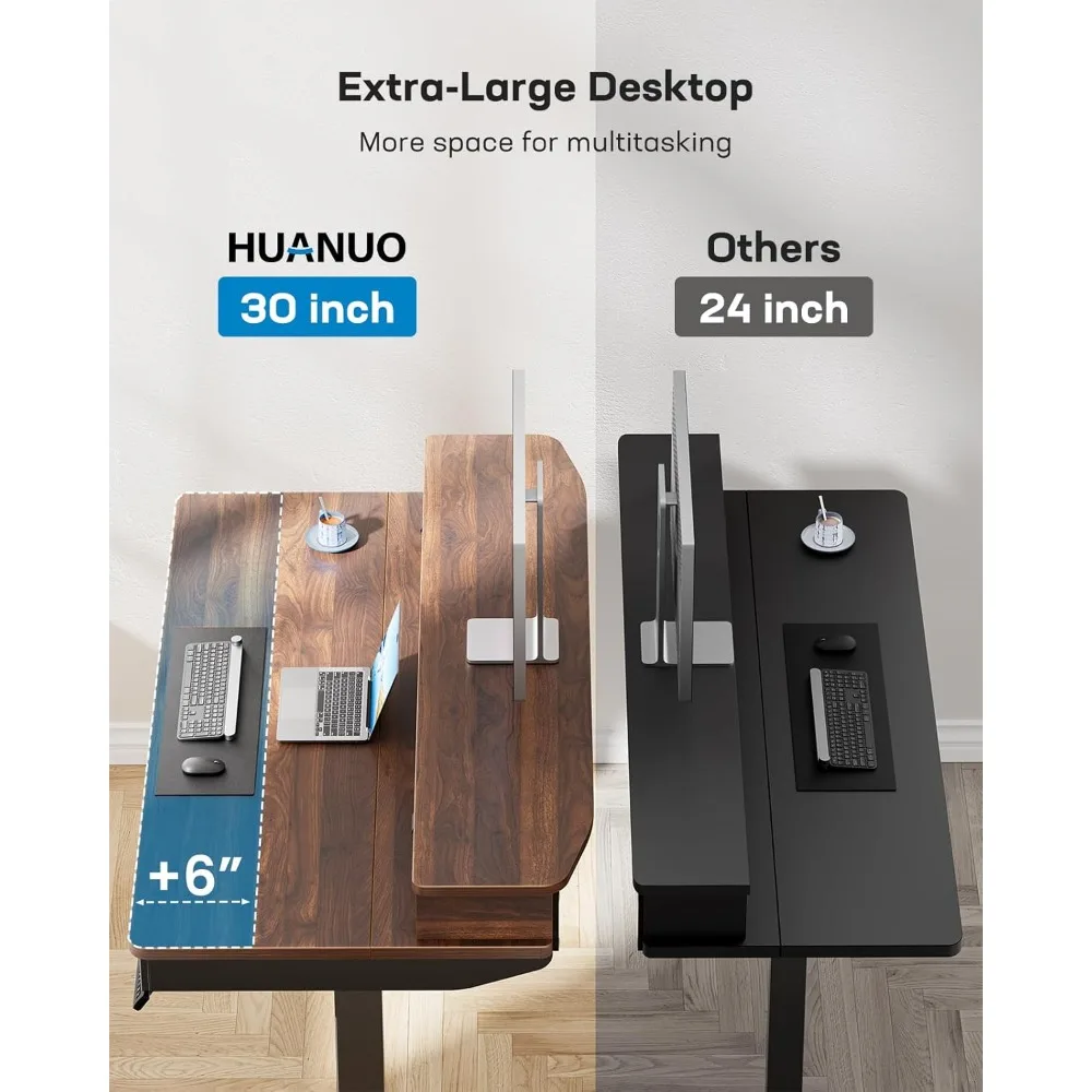 مكتب قائم كهربائي مقاس 55 × 30 بوصة مع أدراج خشبية، ارتفاع قابل للتعديل، حامل مكتب منزلي مع طبقتين، جوز #5