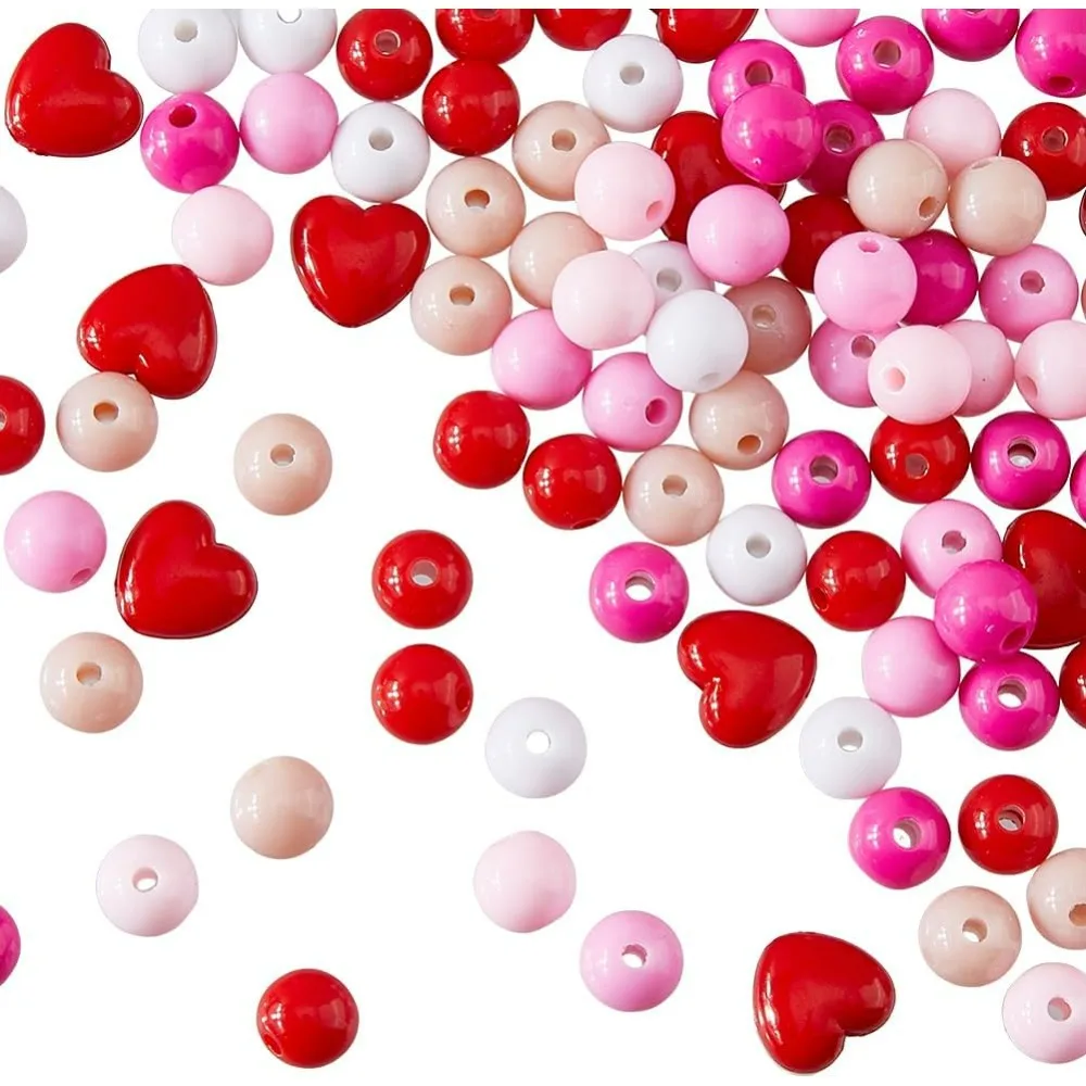 350Pcs 6 Colors 8mm Round Beads with Red Heart Beads Acrylic Red Pink White Opaque Spacer Beads Heart Shaped Mixed Color Ball