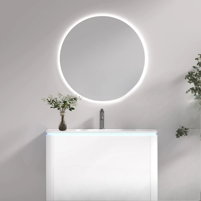 Solid wood bathroom cabinet, smart mirror cabinet, round mirror combination ceramic integrated basin, white gray.