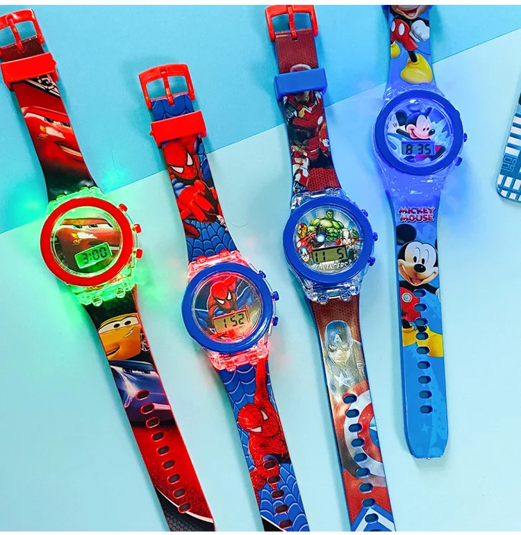 Flash Light Spiderman Kids Watches For Boys Cartoon Hello Kitty Mickey Children Watch Girls Student Clock Gifts free shipping