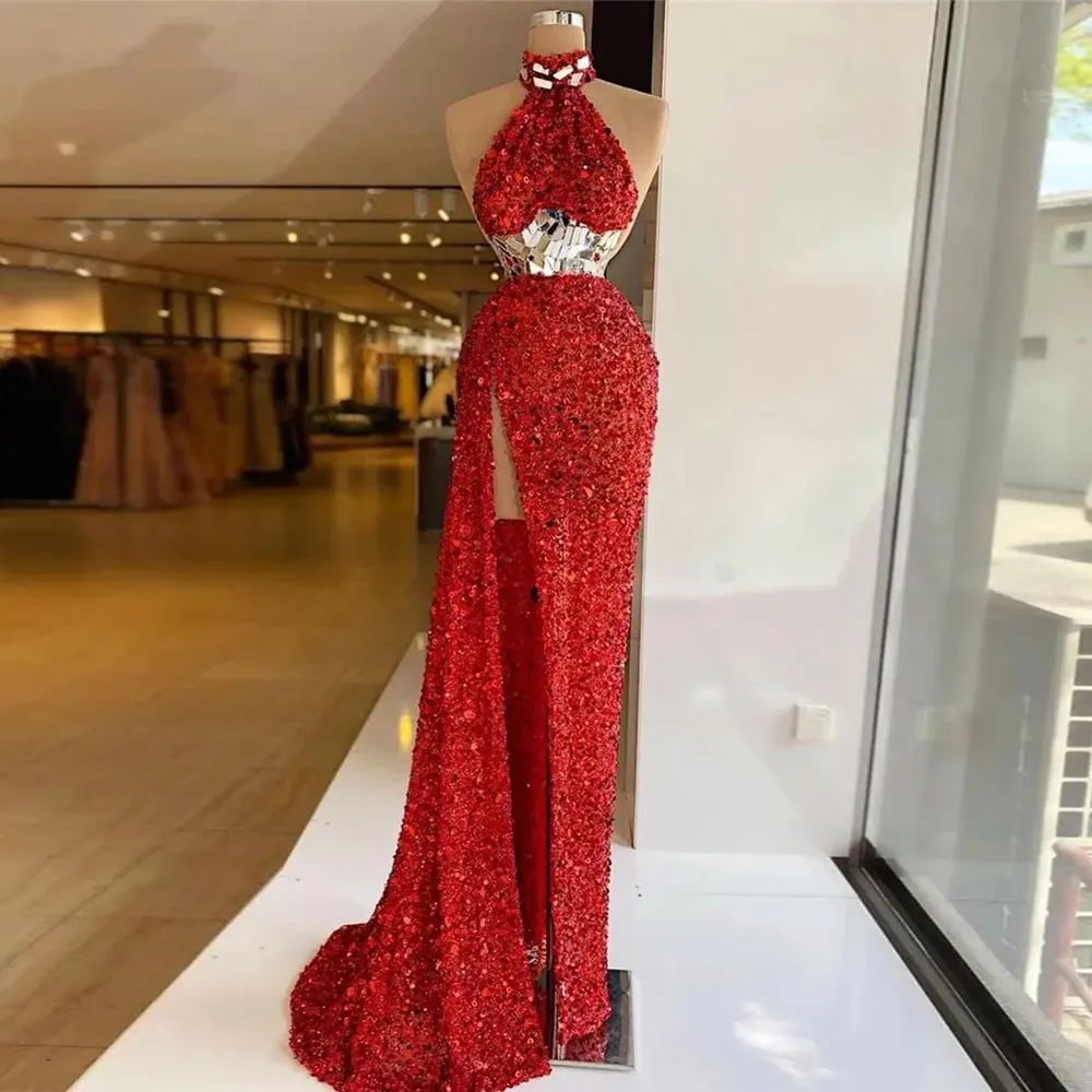 

Crystals Red Sequins Evening Dresses Luxury Mermaid Halter Party Gowns Sleeveless Prom Dress Thigh Slit Formal Robe de mariée