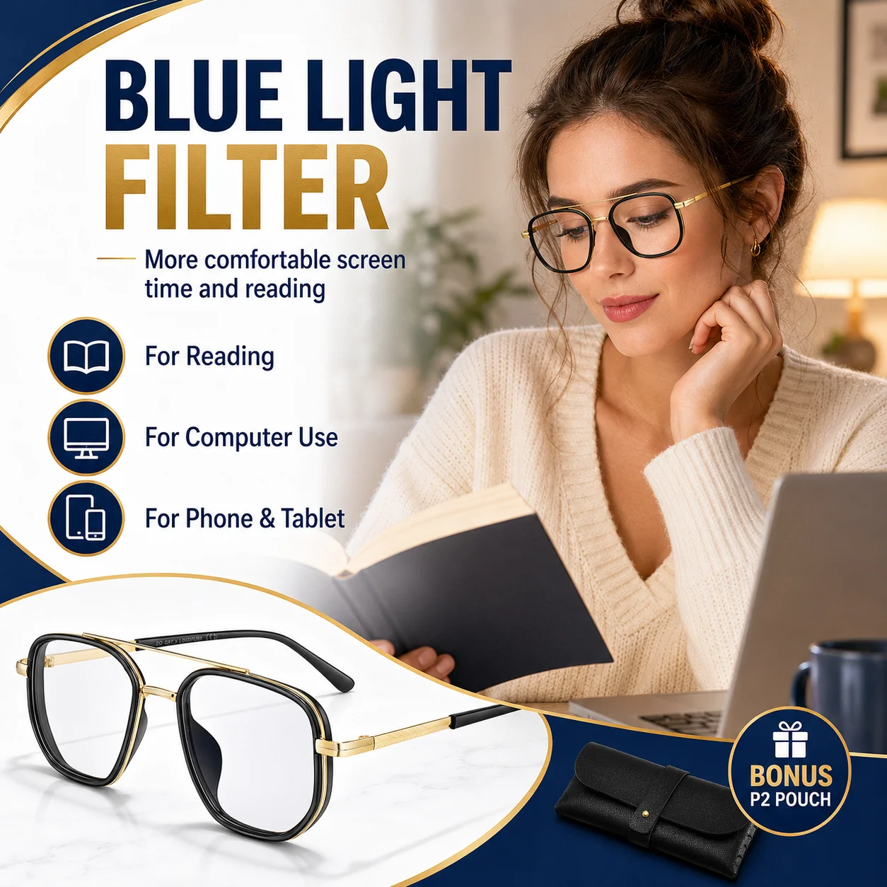 Fashion Blue Light Reading Glasses Men Women Anti Eye Strain Computer Driving DIY Readers Lightweight Metal Frame With Pouch AD