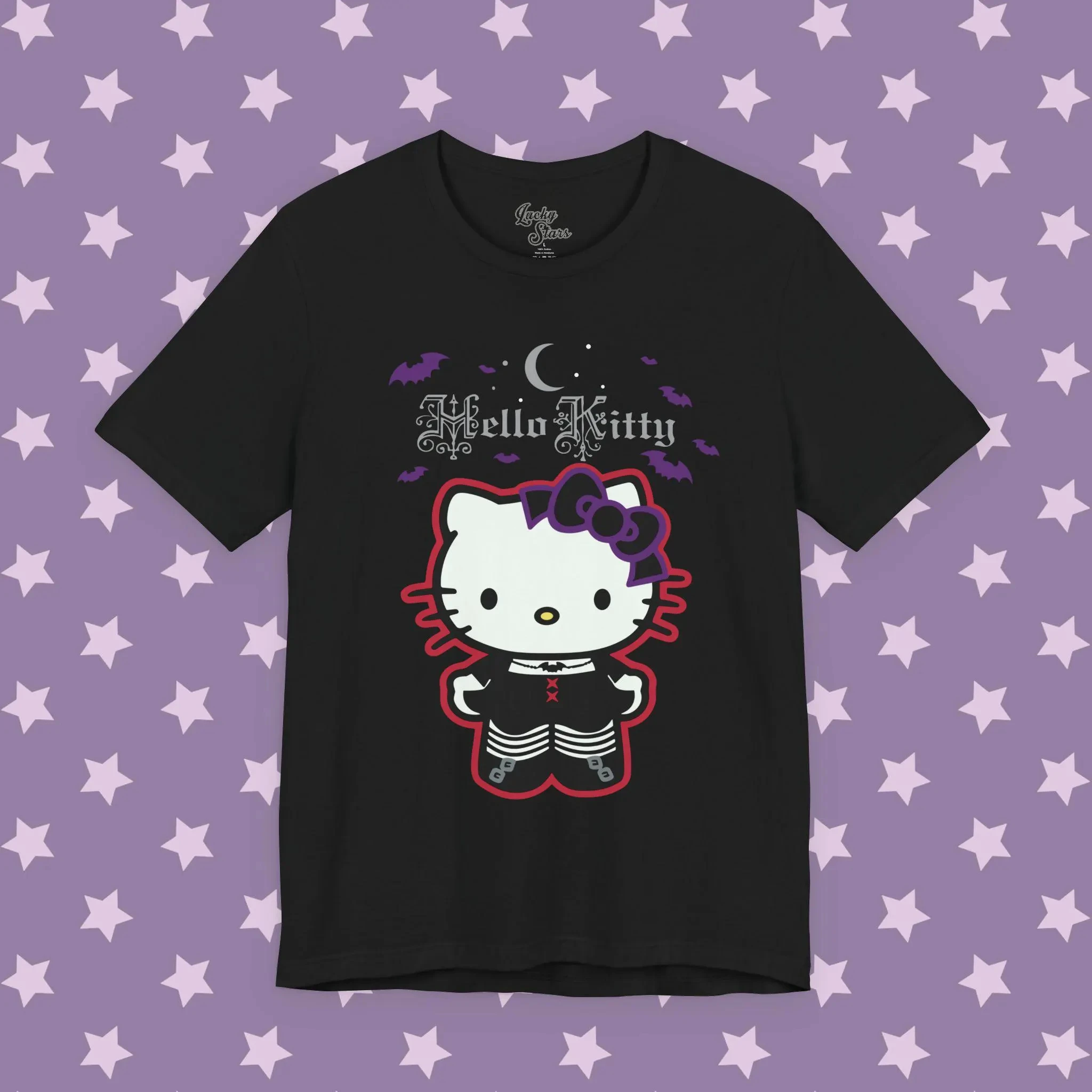 Goth Happy Halloween Tee - Hello Kitty and Bats Shirt - Sanrio Trick or Treat Holiday Tshirt