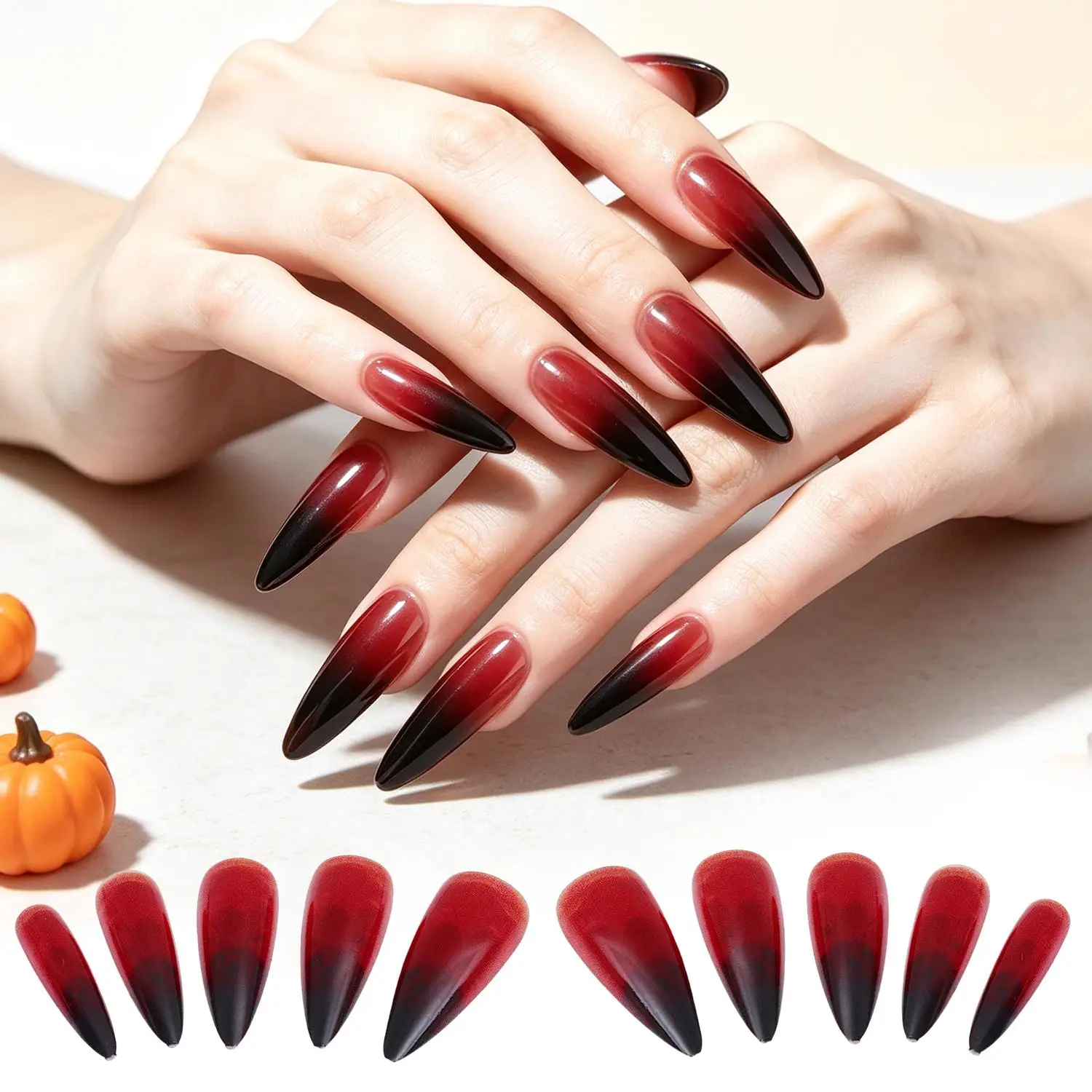 Gothic Blood Red Fake Nails Long Pointed Shape Handmade Press on Nails Tips Gradient Full Cover Nails Halloween Manicure Gifts