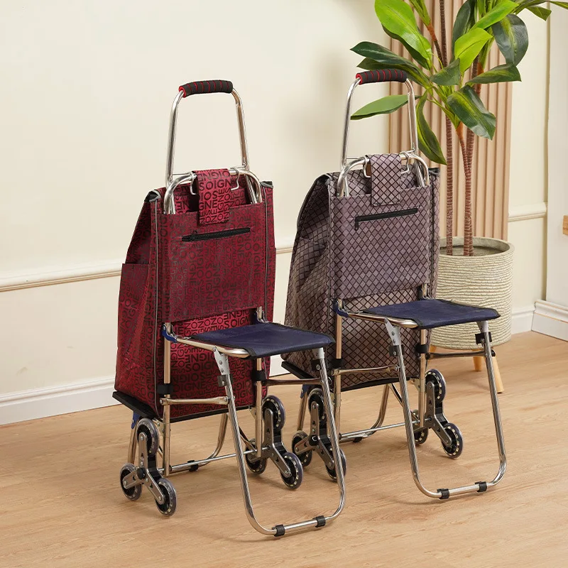 Elderly shopping cart with seat, foldable stainless steel small cart that can climb stairs for convenient grocery shopping