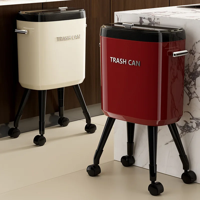 High-End Kitchen Trash Can with Wheels & Lid - Large Capacity, No-Bend Design, Tall Pedestal Base for Easy Mobility