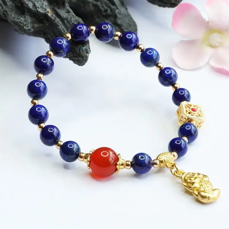 Natural Lapis Lazuli Bracelet Pixiu Tassel Red Chalcedony Jewelry Perfect Festival Gift