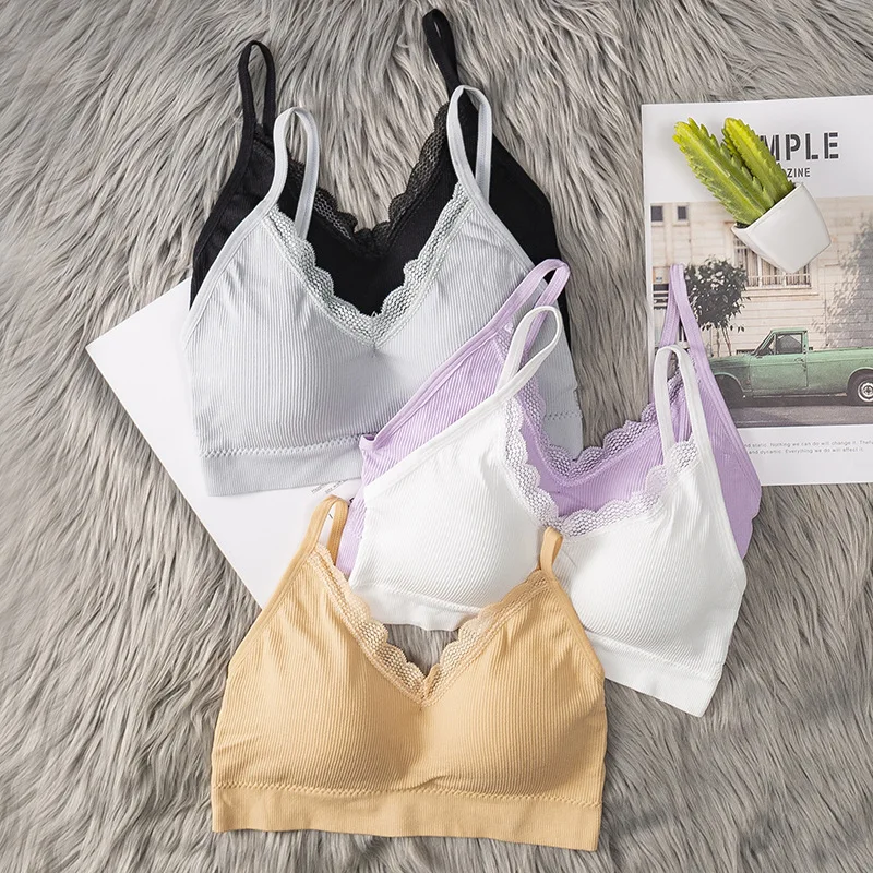 Women's Lace V Neck Rib Camisole Tube Top Bralette Criss Cross Back Removable Foam Pads Wireless Thin Straps Tube Bra