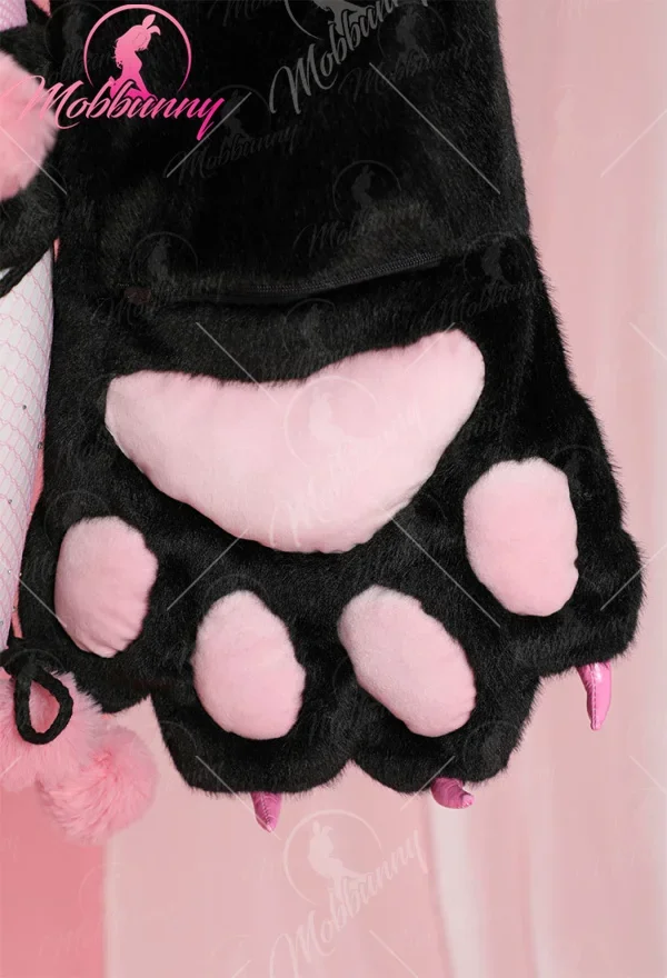 Mobbunny Women Furry Paw Cosplay Costume Sexy Lingerie Set Kawaii Plush Black Cat Style Paw Gloves Hoodie Top and Bra Panty Set