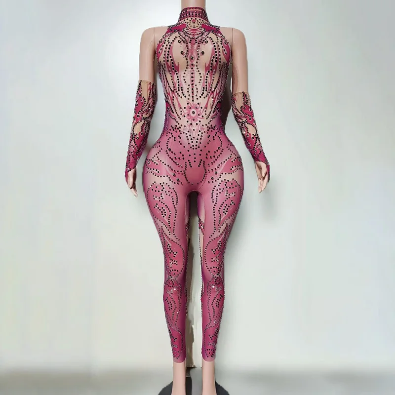 Women's Sexy Silver Jumpsuit Long Sequined Rhinestones Performance Dance Costume for Stage Shows Nightclubs Stretchy Summer