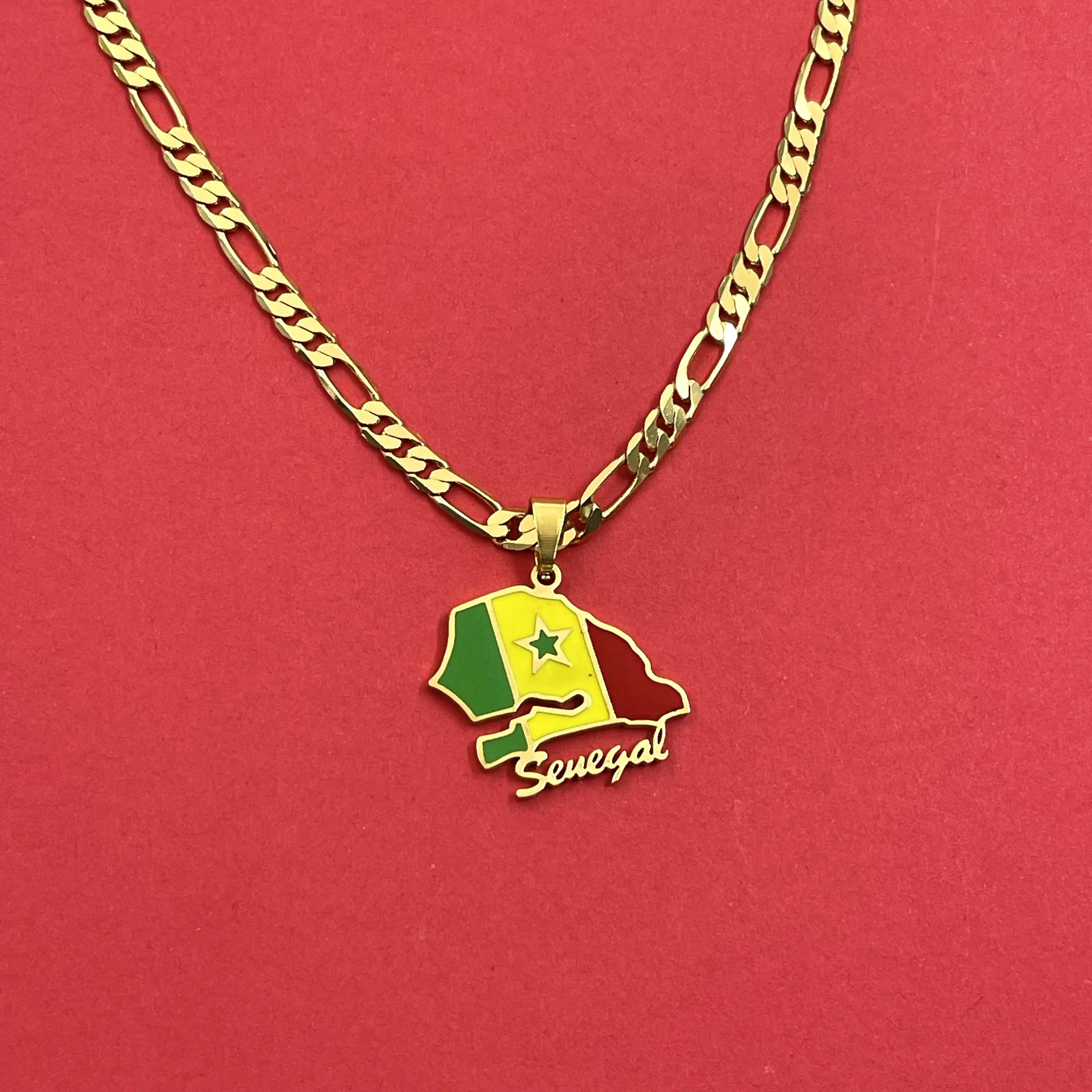 Senegal map flag pendant necklace, gold-plated leather chain, national sentiment commemorative ethnic accessories