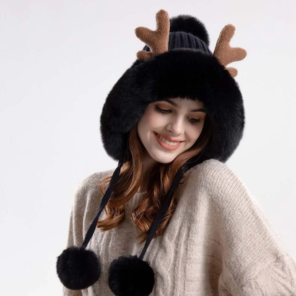 Plush Pom Beanie Thickened Deer Antler Beanie Thermal Elastic Fleece Lined Hat Washable Windproof Warm Earflap Hat Commuting
