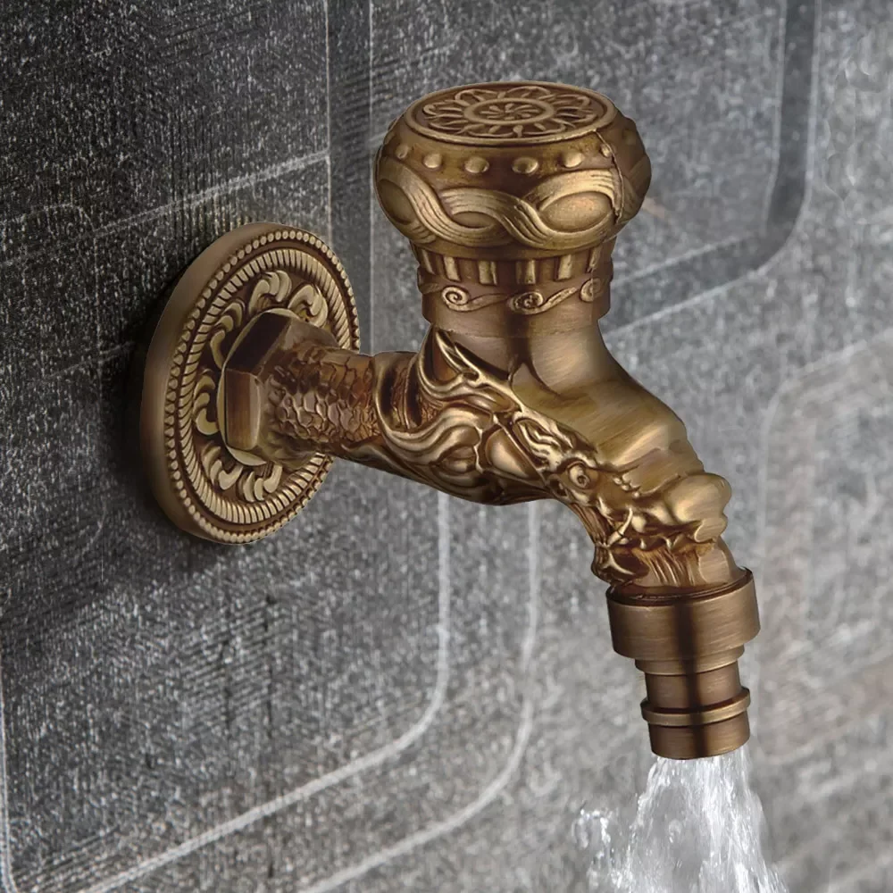 Long Sink Faucet Wall Mounted 100% Original Antique Copper Bathroom Basin Tap 3D Dragon Carved Luxury Restroom Accessorie