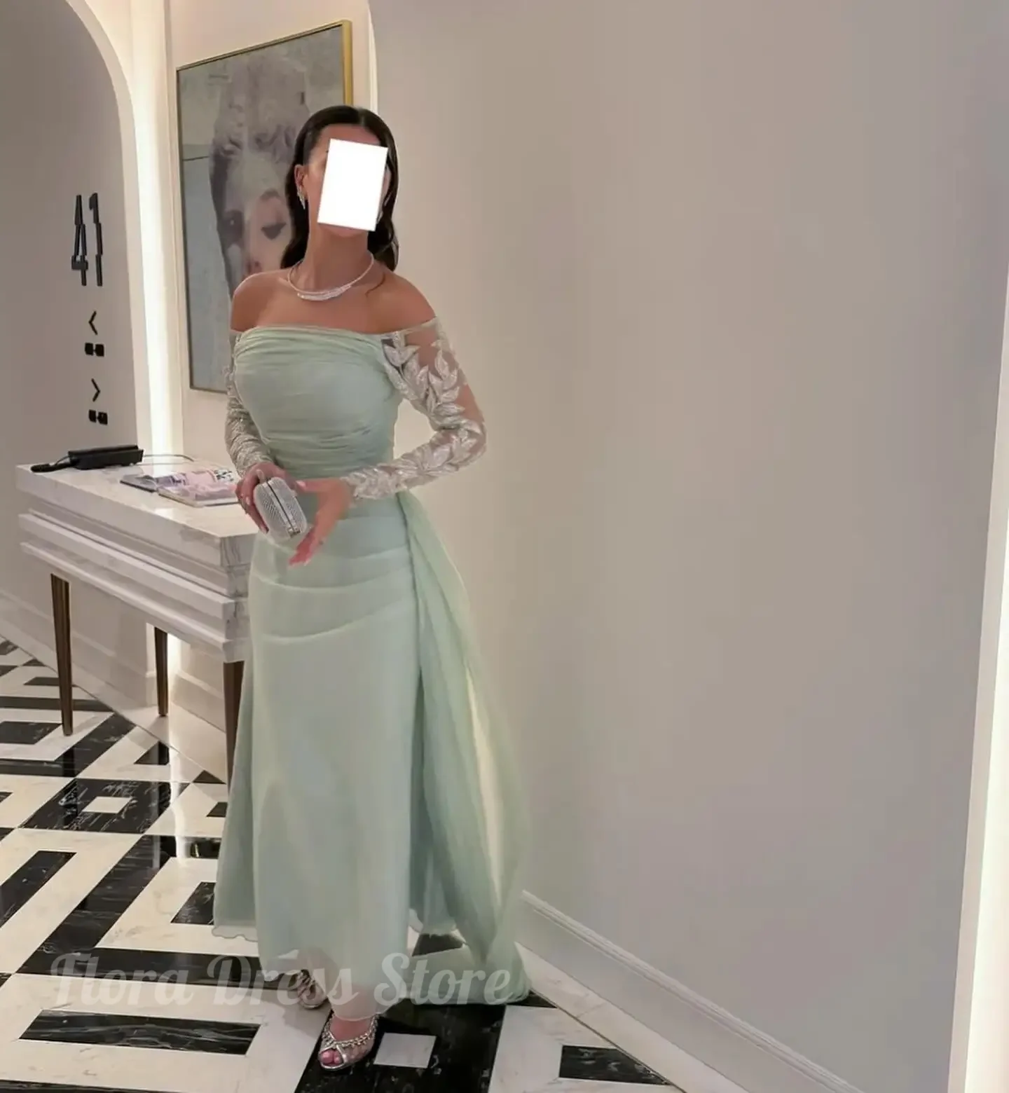 

Flora Dress Tulle Straight Prom Dress Off-Shoulder Full Sleeves Vestidos De Fiesta Applique Evening Gown