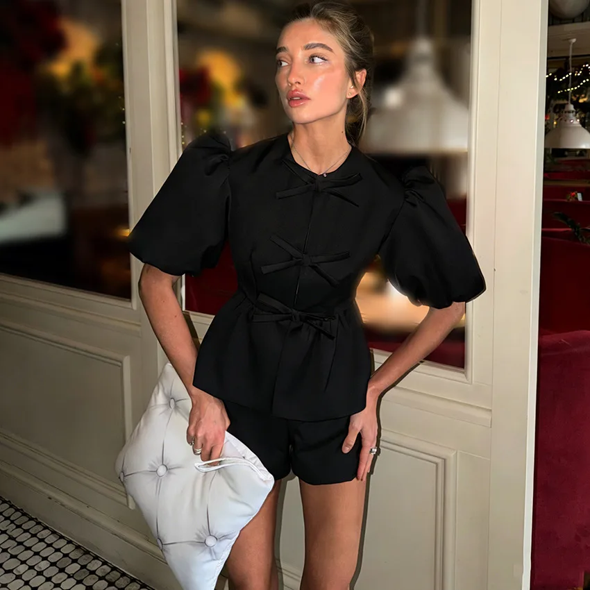 

Cute Waist-Cinching Bubble-Sve Irt with Bow Ne Round Ne Cotton Spring Summer Women's Commute Pure Color
