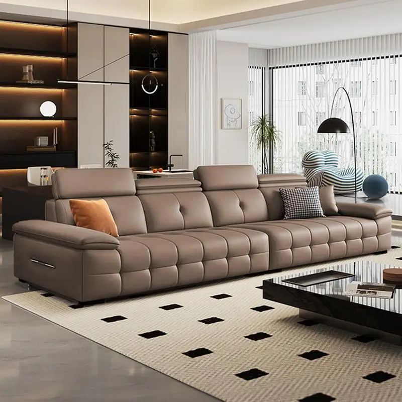 Leather sofa size apartment living room big black cow straight row sofa