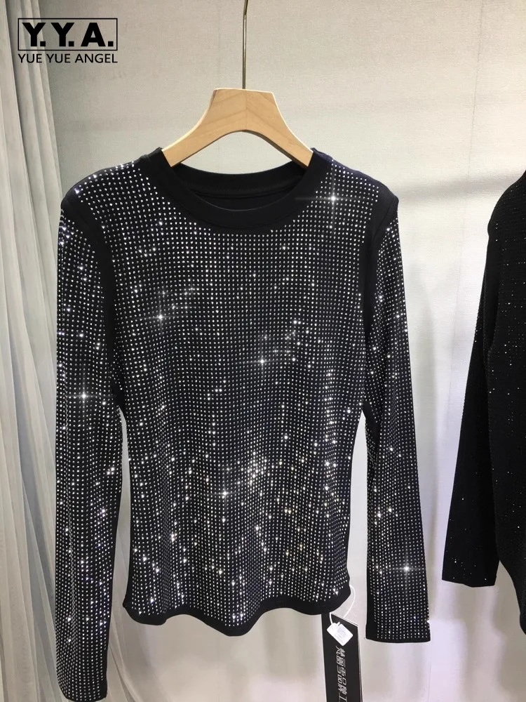 

Осенние топы с блестящими бриллиантами, облегающие женские футболки с круглым вырезом, женские футболки с длинными рукавами, зимние повседневные футболки, пуловер, горячая распродажа 4XL