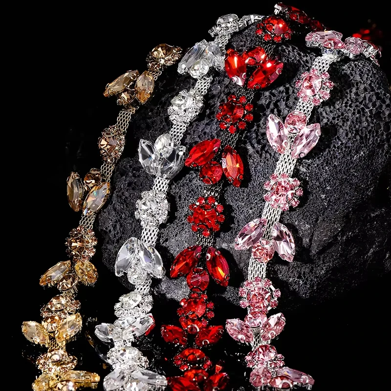 1Yard/pack Glitter Glass Crystal Chain Motif Rhinestone Trimming Flatback Sew-on rhinestone Garment Decorative Chain