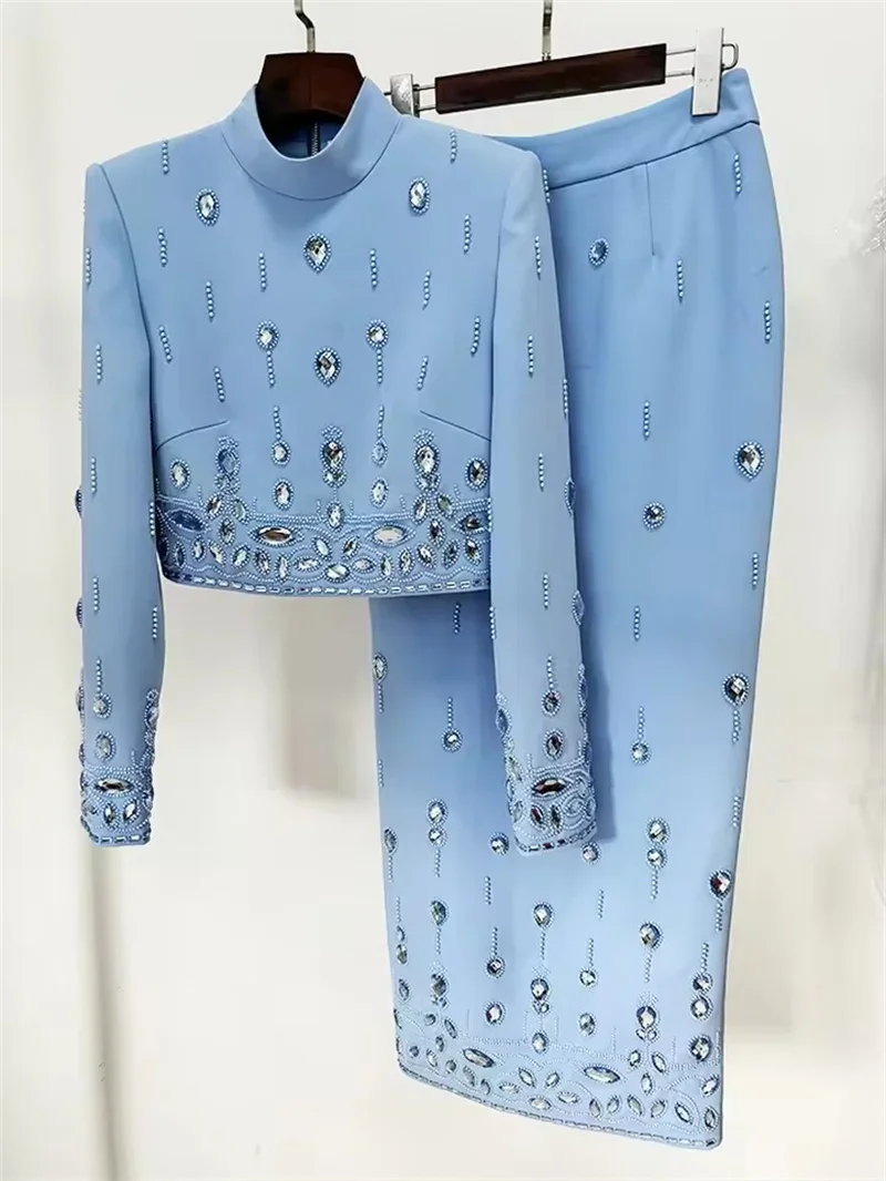 

Pop Pop Suit Set Women New Fashion Beads Diamonds Half Skirt Suit 2025 Stand Collar Zip Back Cropped Tops Long Skirt Set 2pcs