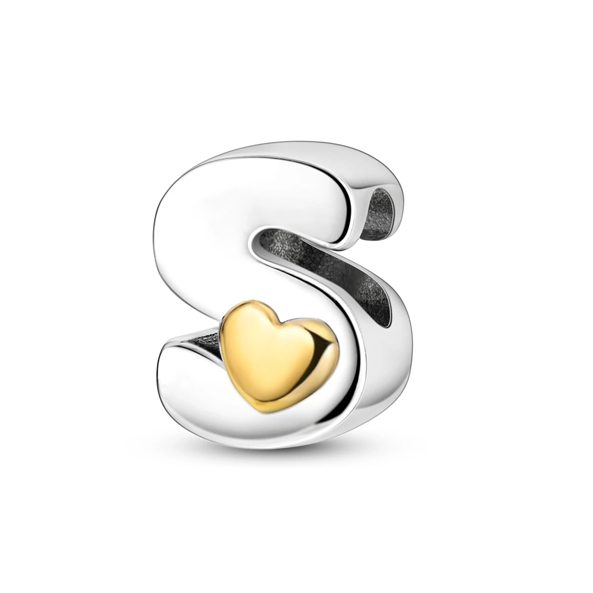 925 Sterling Silver Two Tone Letter S Gold Heart Bead Fit Bracelets Initial Alphabet Love Charm for Women DIY Jewelry Making