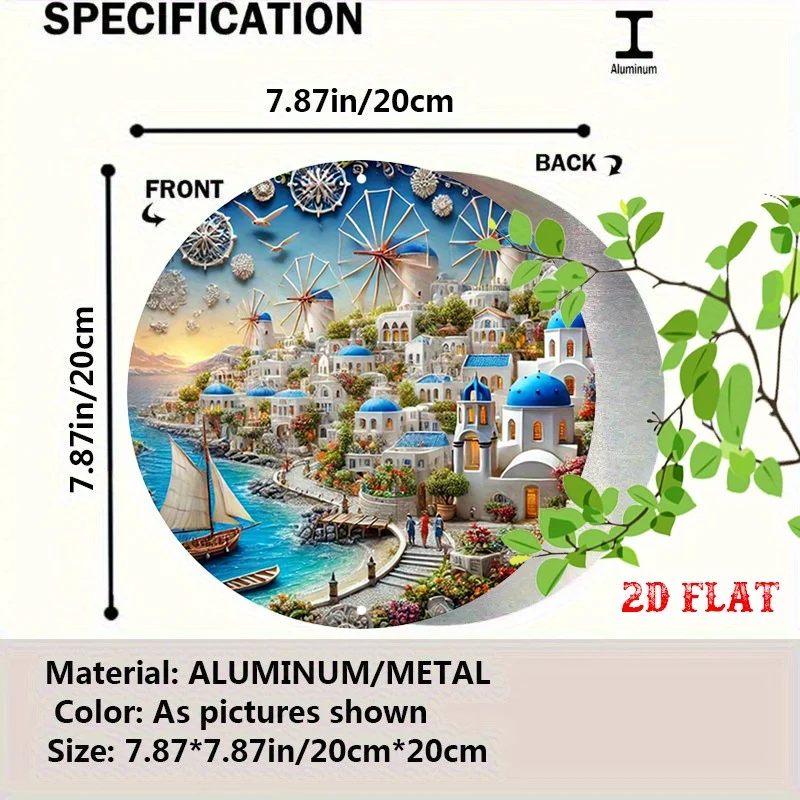 CIFBUY 2D Flat Windmill Round Sign Rustic Greek Island Coastal Village Theme Aluminum Wall Art Waterproof Durable Metal Decor Fo