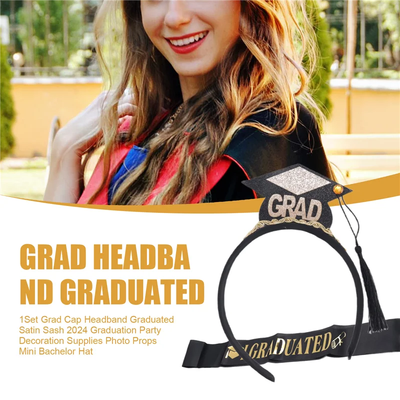 

2025 New-1Set Grad Cap Headband Graduated Satin Sash 2024 Graduation Party Decoration Supplies Photo Props Mini Bachelor Hat