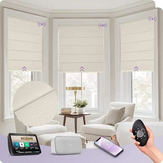 Roman Blinds Motorized Blockout Custom Size Anti-Uv Cordless Remote Control Built-In Plain Window Shades