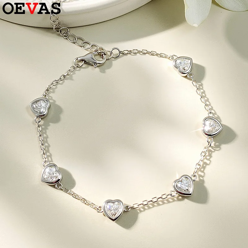 OEVAS 4MM Heart Moissanite Bracelets S925 Silver Plated 18K Gold Sparkling Wedding Hand Chain Fine Jewelry Can Pass Diamond Test