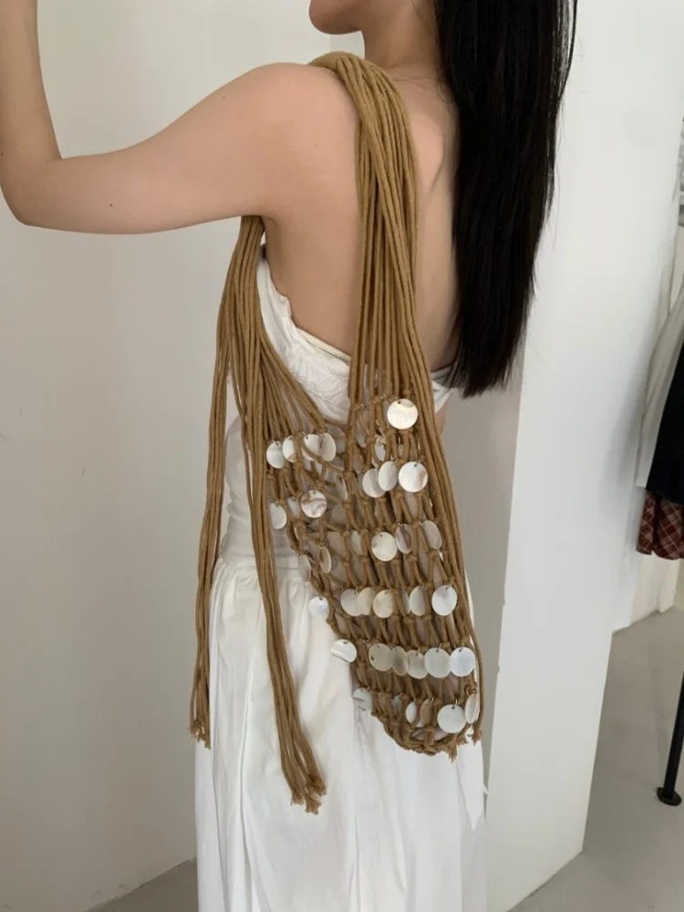 

Bohemian Handmade Weave Shell Bag for Women Tassel Design Hollow Out Shoulder Bag Summer Casual Vacation Travel Lady Armpit Bags