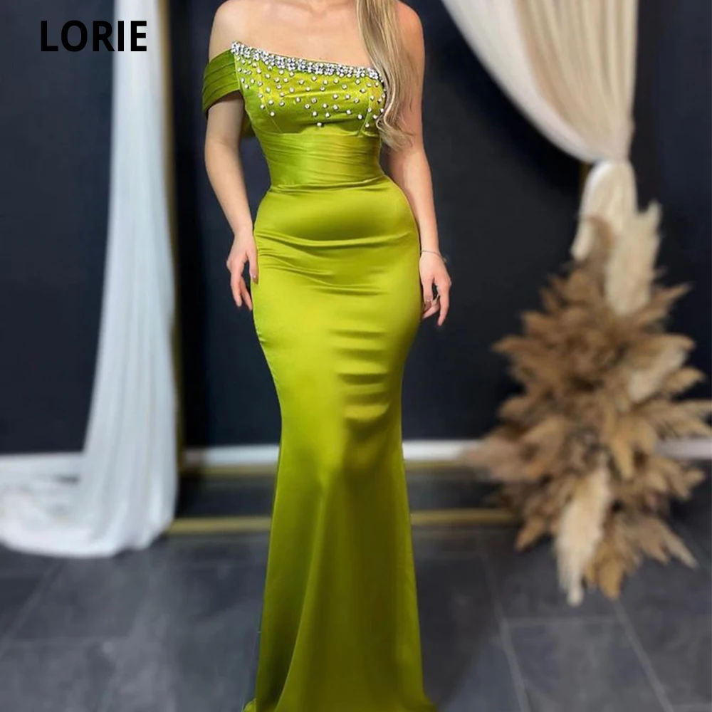 

LORIE Satin Mermaid Evening Dresses One Shoulder Short Sleeves Sparkly Crystals Prom Gowns Formal Occasion Dresses Party Dresses