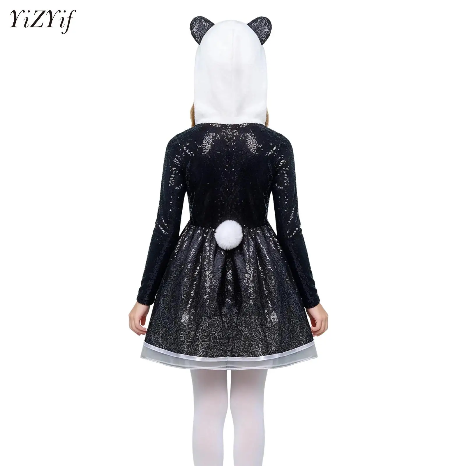 

Kids Girls Shiny Sequins Jazz Latin Ballet Dance Performance Costume Panda Theme Party Clothes Long Sleeve Hooded Dress